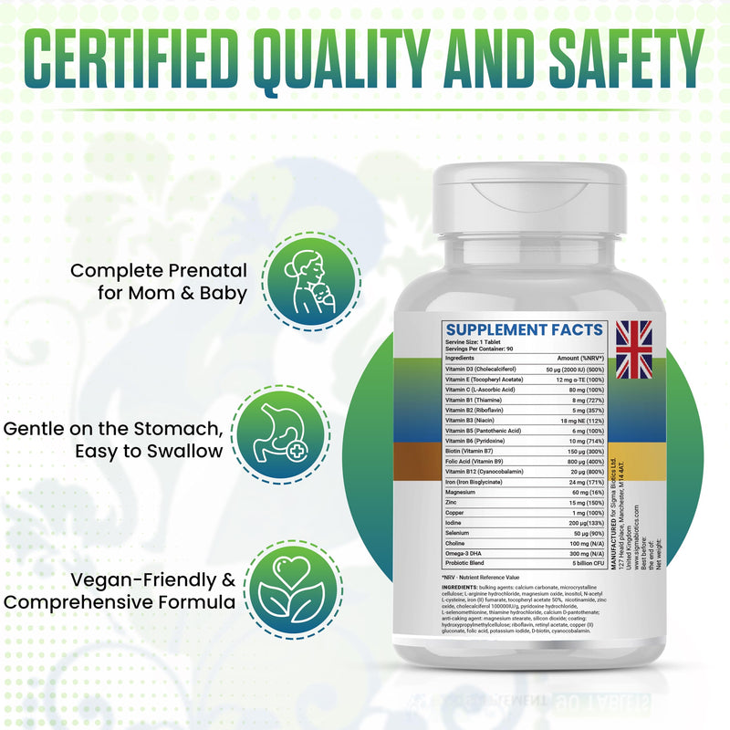Pregnancy Multivitamin | 800 µg Folic Acid, Iron, Vitamins D3 and C, Omega-3, B Complex, Zinc and Probiotics, Prenatal Support for Mom’s Energy, Immunity, and Baby's Growth | 90 Tablets 90 count (Pack of 1)