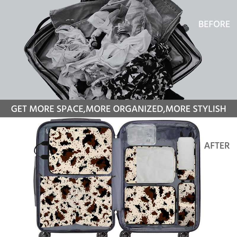 7 Pcs Compression Packing Cubes for Travel, Waterproof Suitcase Luggage Backpack Organizer with Toiletry Bag Travel Essentials for Women/Men-Cow Print Brown-Cow Print