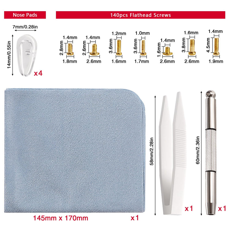 [Australia] - YIXISI 140 pieces glasses sunglasses repair set, glasses repair screw set, glasses repair tool set, with screwdriver, silicone nose pads, tweezers, glasses cleaning cloth, gold screws - gold - 140 pieces 