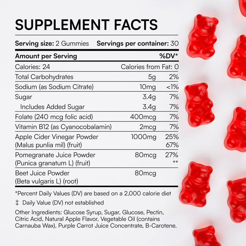 Energi ACV Gummies, 1000mg Apple Cider Vinegar, Immune Support, 60 Gummies | With Folic Acid, Vitamin B12, Pomegranate & Beet Juice, Supports Digestion & Metabolism, Keto-Friendly, Low Sugar