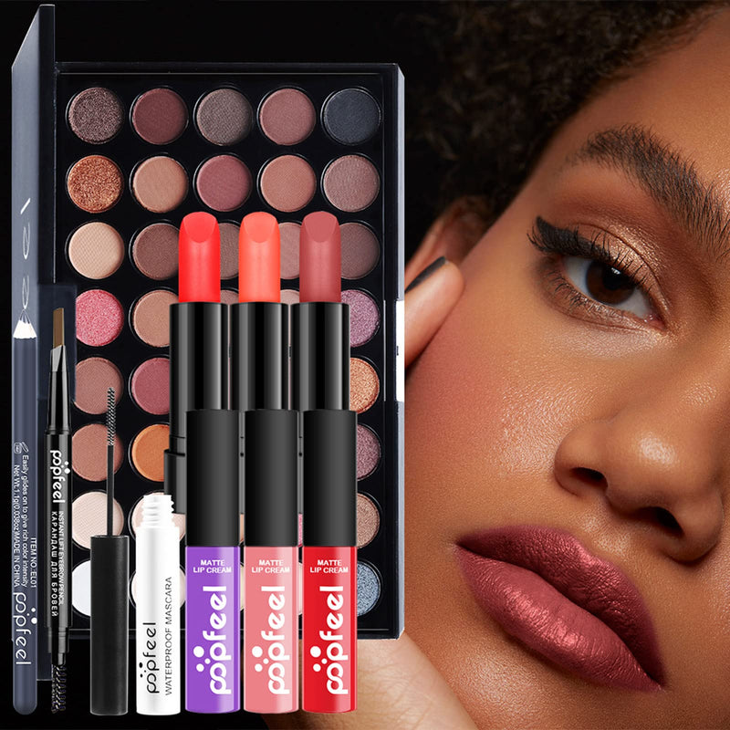 [Australia] - Makeup Kit For Women Full Kit, Naked Shimmer Eyeshadow Palette, Waterproof Black Eyeliner & Mascara, Makeup Tools Set, Lipstick, Premium Synthetic Foundation Powder for Medium to Dark Skin #pop004 