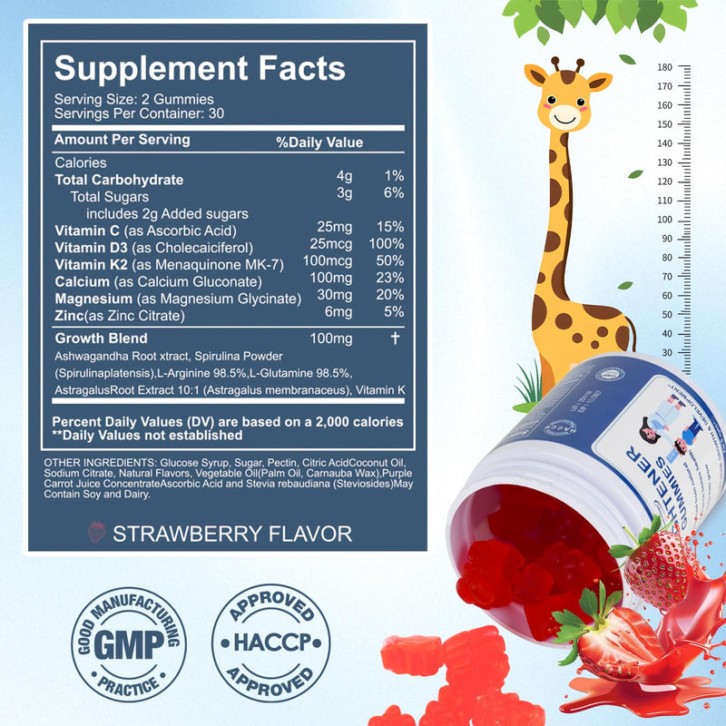 Heightener Growth Gummies 60 Count - Natural Growth Supplement for Children and Adolescents - Bone-Strengthening Vitamins (Contains Vitamins D3，K2，Calcium) - Tall Nutrition