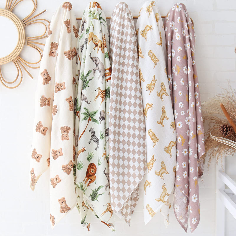 [Australia] - LifeTree Muslin Swaddle Blankets Neutral, Baby Swaddling Wrap Nursery Blanket for Boys & Girls Unisex, Soft 70% Viscose from Bamboo and 30% Cotton, Large 47 x 47 inches, Bear & Checkered Coffee 