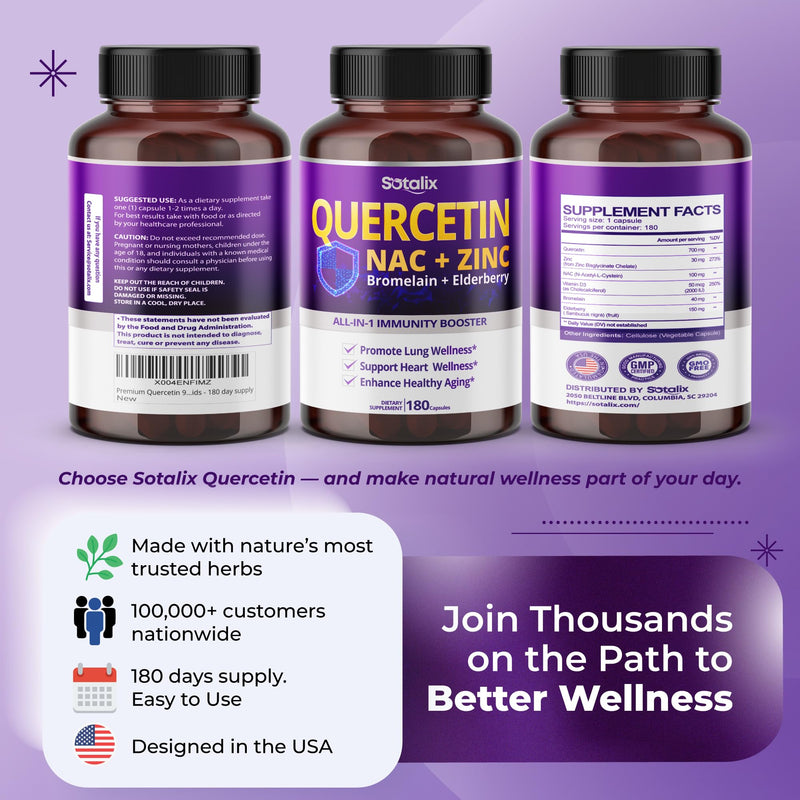 [Australia] - SOTALIX Supplement Premium Quercetin 98% High Purity with Bromelain, Zinc, Vitamin D3 2000 IU, Elderberry - Cardiovascular Respiration Immune Support for Adult Kids - 180 Day Supply 