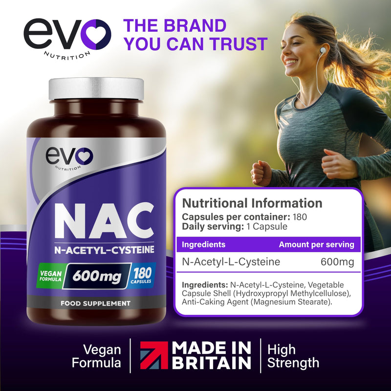 NAC N-Acetyl-Cysteine Supplements 180 Capsules | High Strength 600mg | Antioxidant to Support Body Function | Amino Acid Nutritional Supplement | Bioavailable, Vegan, UK Made, 6 Months | EVO NUTRITION