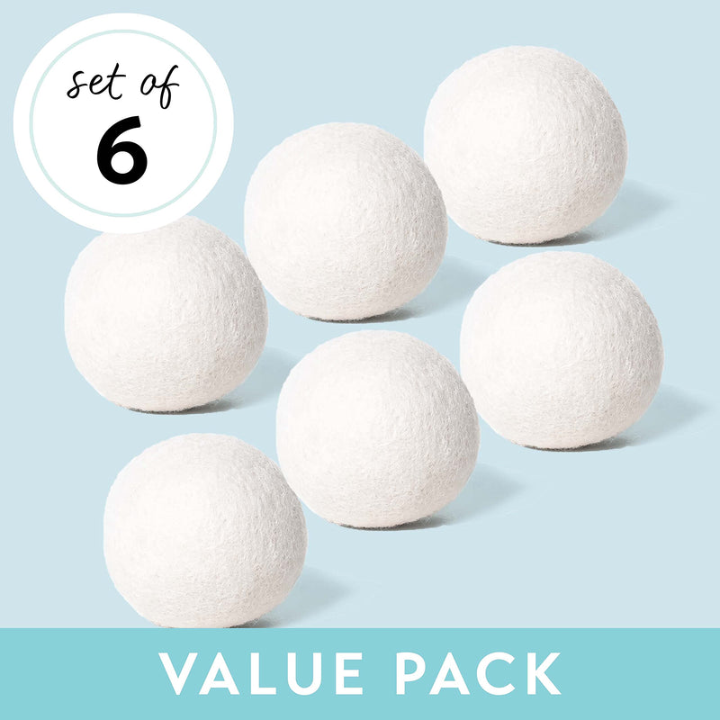 Wool Dryer Balls 6-Pack, XL Size, 100% New Zealand Wool, Reusable and Handmade. Natural Fabric Softener, Reduce Wrinkles and Decrease Drying Time (White) White