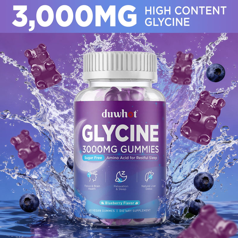 Glycine Gummies, 3g(3000 mg) Glycine Supplements for Sleep, Sugar-Free, 60 | For Detox, Relax, Nerve Support, Blueberry Flavor, Vegan, Non-GMO, Gluten-Free 60 Count (Pack of 1)