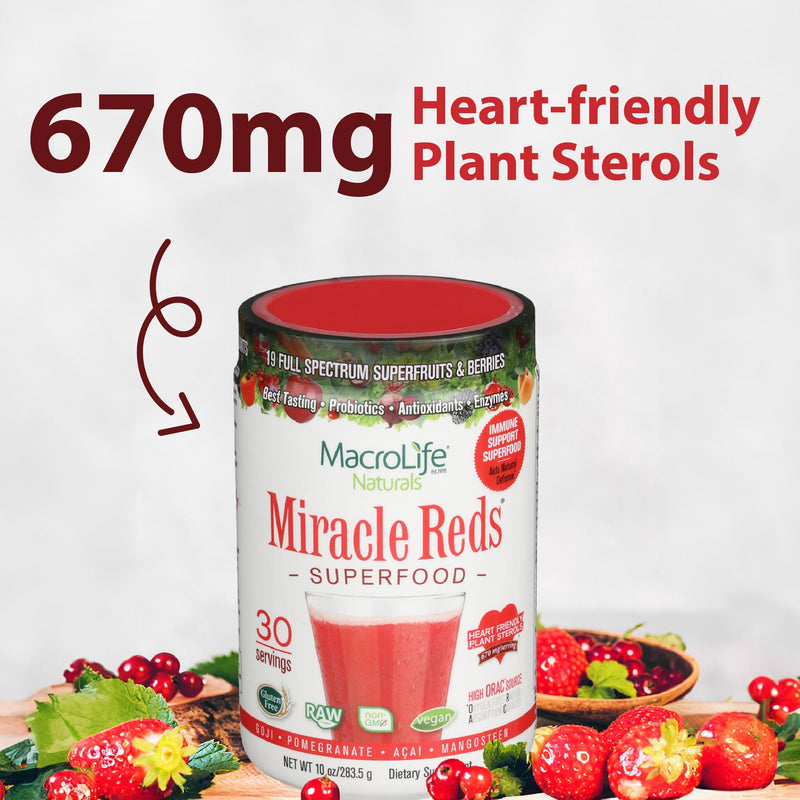 MacroLife Naturals Miracle Reds Superfood Powder 19 Blended Fruit & Berry Polyphenols Enzymes Probiotics & Antioxidants Supplement - Raw Non-GMO & Vegan Whole Food Vitamins - 30 Servings 10 Ounce (Pack of 1)