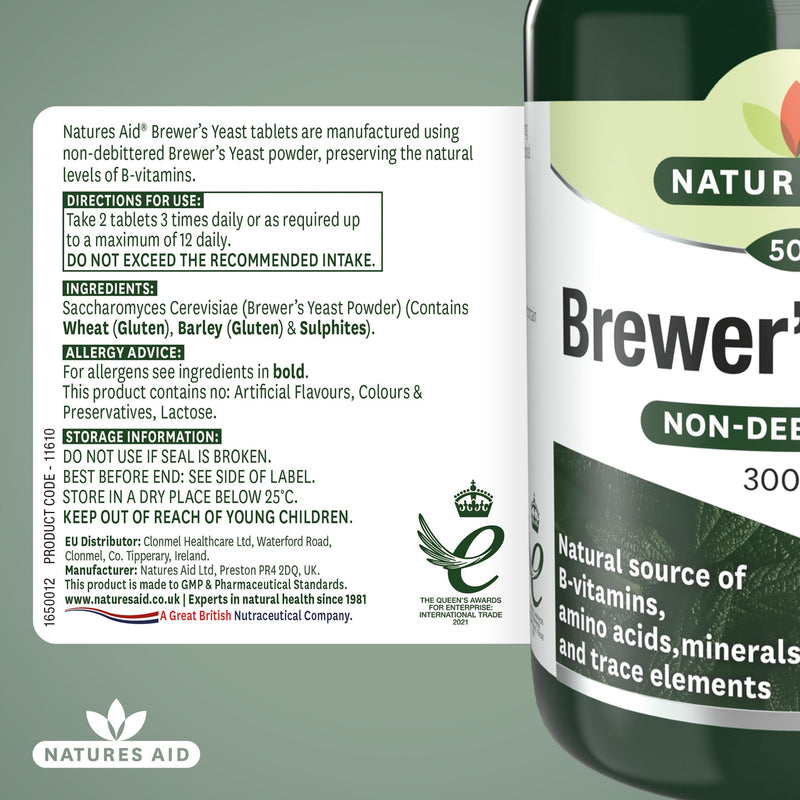 Natures Aid Brewers Yeast 300mg - Natural Source of B-Vitamins, Amino Acids and Minerals - Supports Energy and Immune Health - Vegan, Gluten-Free, Non-GMO, No Salt or Sugar - 500 Tablets 500 count (Pack of 1)
