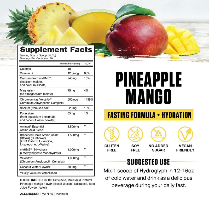 [Australia] - Ambrosia Hydroglyph Intraworkout Formula w/BCAA + EAA + Electrolytes Hydration Powder to Protect Lean Muscle, 0g Sugar Fasting Hydration Drink Mix, Made w/Coconut Water (Pineapple Mango) Pineapple Mango 
