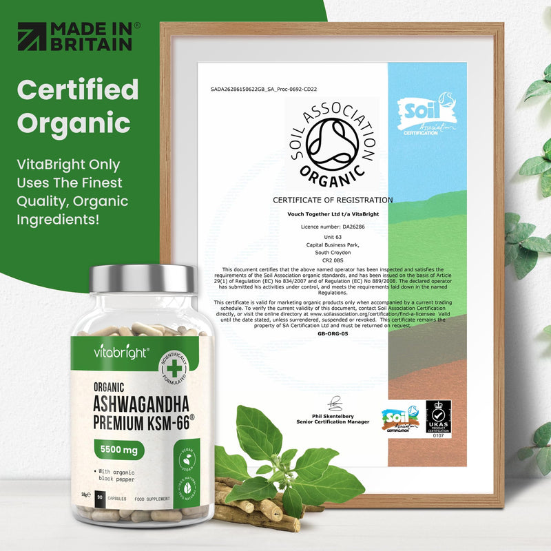 Ashwagandha KSM 66 Root Extract Capsules | 3 Month Supply | 5500mg | Organic Ashwagandha High Strength Powder | Clean Formula Pure Herbal Supplements for Women & Men | VitaBright UK 90 count (Pack of 1)