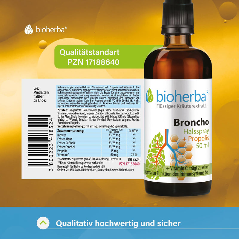 [Australia] - BIOHERBA throat spray broncho with propolis extract 50 ml - natural throat spray - cough suppressant with ginger + vitamin C and plant extracts, supports immune system, PZN: 17188640 1 piece 