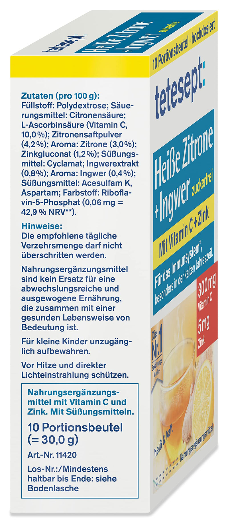 [Australia] - tetesept Hot Lemon with Ginger - Instant Powder, Sugar-Free with Zinc & Vitamin C - Supports Defenses and Immune System - 1 Pack of 10 Bags of 10 (Pack of 1) 