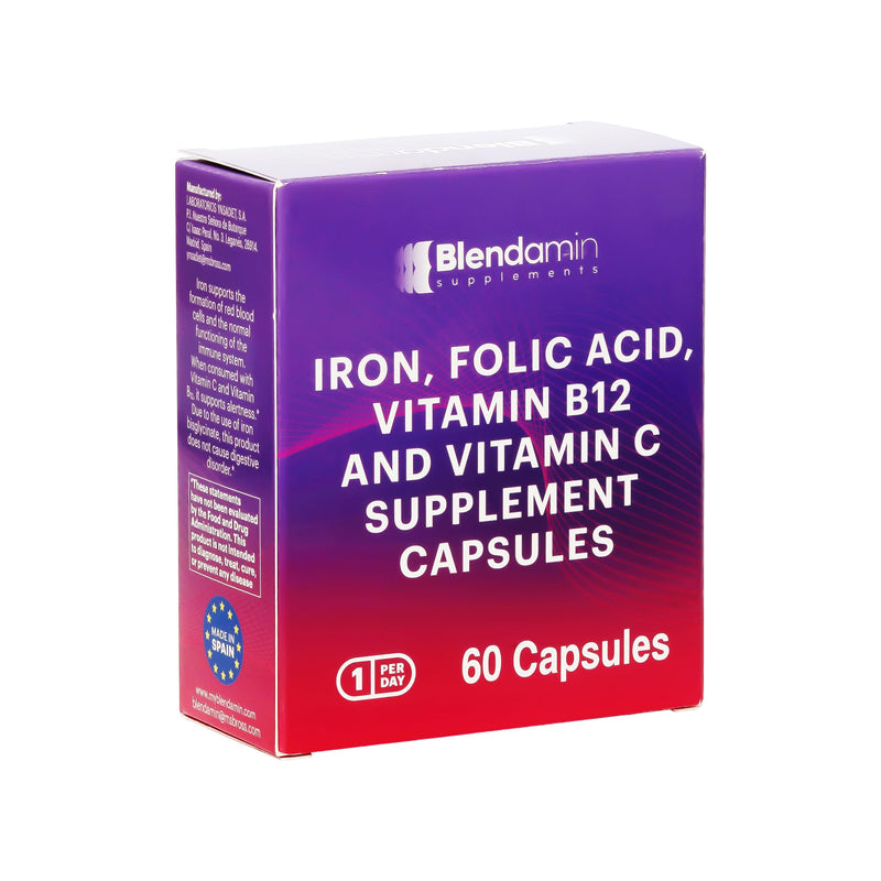 Iron Ferrous Bisglycinate with Vitamins B12 Cyanocobalamin, Folic Acid, Vitamin C, Red Cells Formation, Blood & Immunity Health 60 Capsules