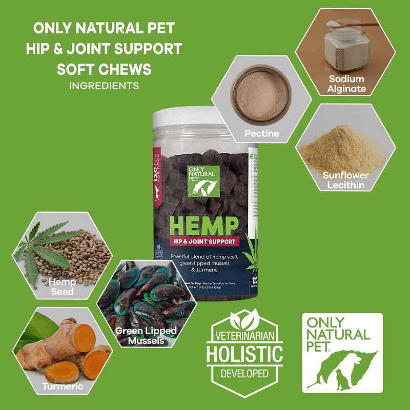 Only Natural Pet Hemp Hip & Joint Support for Dogs - Supplement for Mobility Wellness Pain Relief Healthy Inflammatory & Bone Stiffness - Chews w/Fatty Acid Blend Mussels & Turmeric - 120 Count 14.72 Ounce (Pack of 1) - PawsPlanet Australia