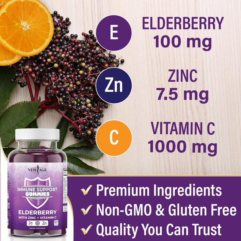 NEW AGE Immune System Support Gummies - Sambucus Black Elderberry Gummies with Vitamin C and Zinc (180 Count (Pack of 3)) 180 Gummies (Pack of 3)