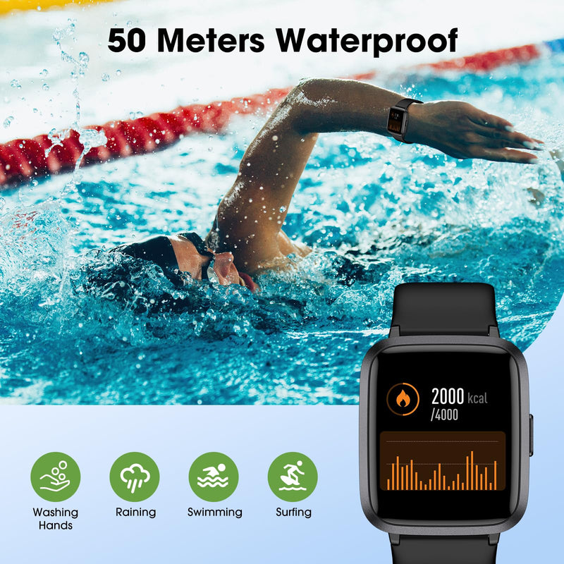 [Australia] - Fitness Tracker Watch with Heart Rate Monitor, Large Screen Activity Tracker with Pedometer, Sleep Monitor, Calories & Step Counter, 5ATM Waterproof Smart Watch for Women Men Fitness Watch for Sports Black 