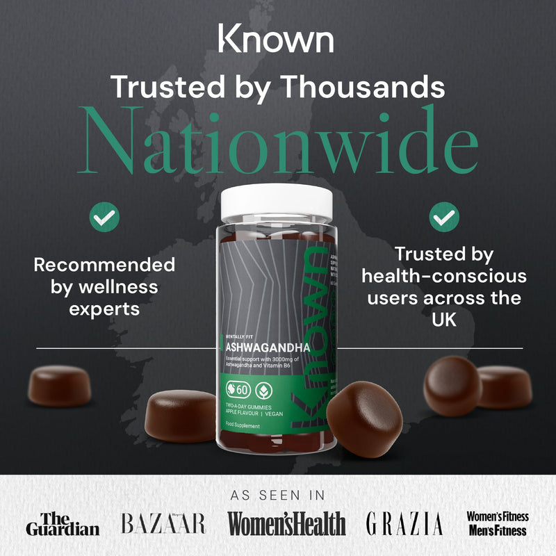 Known 3000mg High Strength Ashwagandha Gummies – Apple Flavour – Chewable Vegan Gummy Supplement – Energy, Mood & Wellbeing Support – 1 Month Supply – Root Extract with Vitamin B6 – for Men & Women 60 Count (30 Day Supply) Bottle