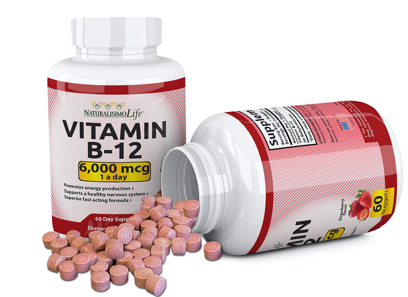 NaturalisimoLife Vitamin B12 6,000 mcg – Quick Dissolve Strawberry Flavor Nuggets – 60 Nuggets, Non-GMO, Vegan, Gluten Free