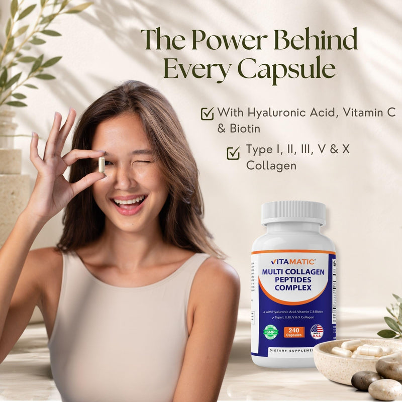 Vitamatic Multi Collagen Peptides Complex with Hyaluronic Acid, Vitamin C & Biotin, Types I, II, III, V & X Collagen, 240 Capsules, Non-GMO, Made in USA