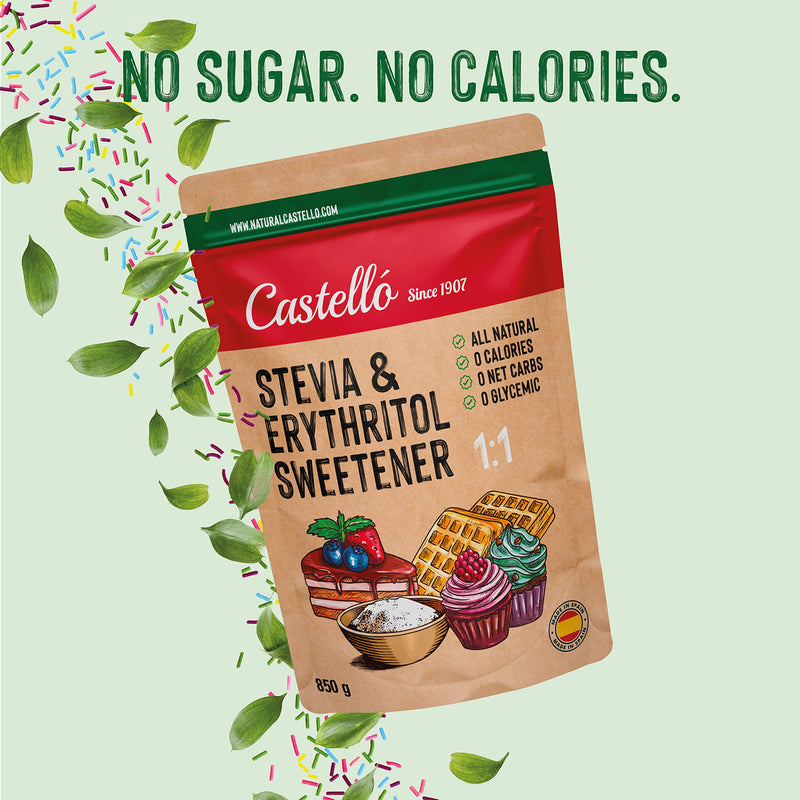 [Australia] - Stevia + erythritol 1:1 sweetener | 1g = 1g sugar | 100% Natural Sugar Substitute - 0 Calories - 0 Glycemic Index - Keto and Paleo - 0 Net Carbs - No GMO - Castello since 1907-850 g 