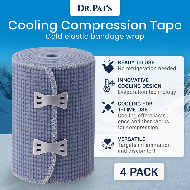 Dr Pat's Ice Tape (4 Pack) - Cooling Bandage Wrap Athletic Tape - Compression Instant Cold Compress Wrap w/Menthol - Elastic, Athletic for Sore Muscles, Pain Relief Now, Swelling, Recovery, Sports 4 Pack