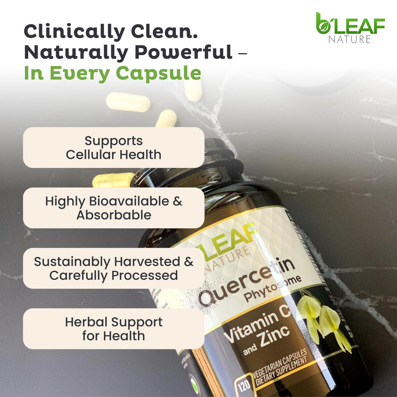 B'LEAF NATURE Quercetin Phytosome, 120 Capsules – 1000mg High Absorption Quercetin with Vitamin C and Zinc – Non-GMO Vegetarian Quercetin Supplement for Immune, Energy and Seasonal Support