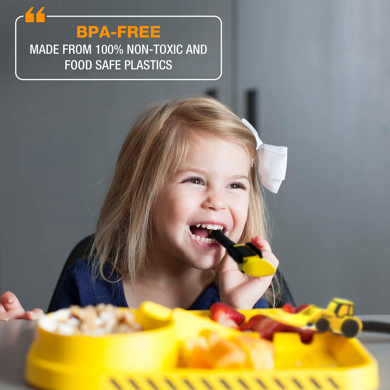 [Australia] - Dinneractive Dining Set for Kids - 3 Piece Construction Themed Toddler Utensils & Toddler Plates - Toddler Forks and Spoons - Kid Plate set Yellow 