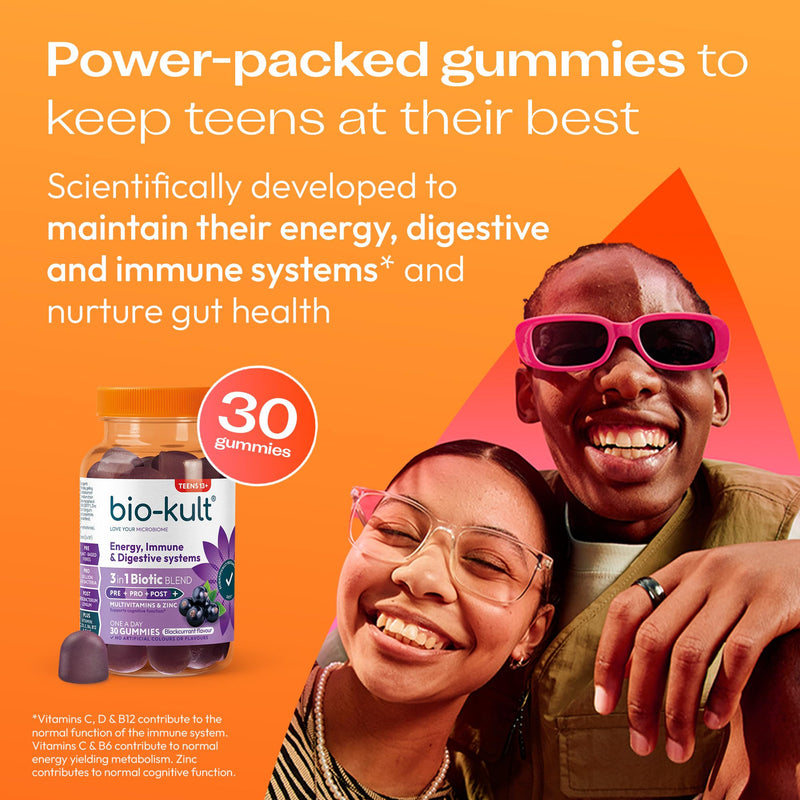 Bio-Kult 3in1 Gut Health Gummies for Teens | 2B CFU + Multivitamins | Blackcurrant Flavour | Ages 13+ | 30 Probiotic Gummies One Size