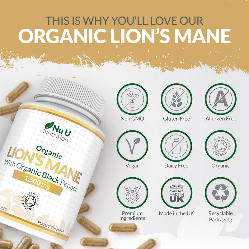 Organic Lions Mane Supplement 1500mg - 180 High Strength Vegan Capsules - 6 Month Supply - Lion’s Mane Mushroom with Organic Black Pepper - Made in the UK - Nu U Nutrition Lion's Mane