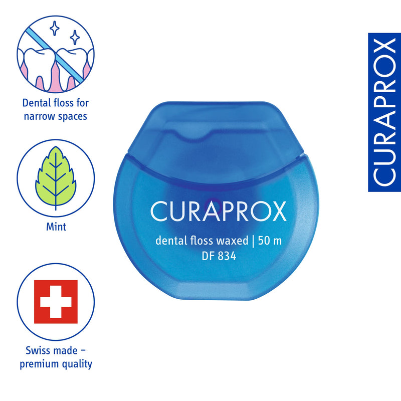 [Australia] - Curaprox dental floss DF 834, dental floss waxed, Curen microfiber, waxed with mint snack for narrow spaces, white, 50 m 50.00 m (pack of 1) 
