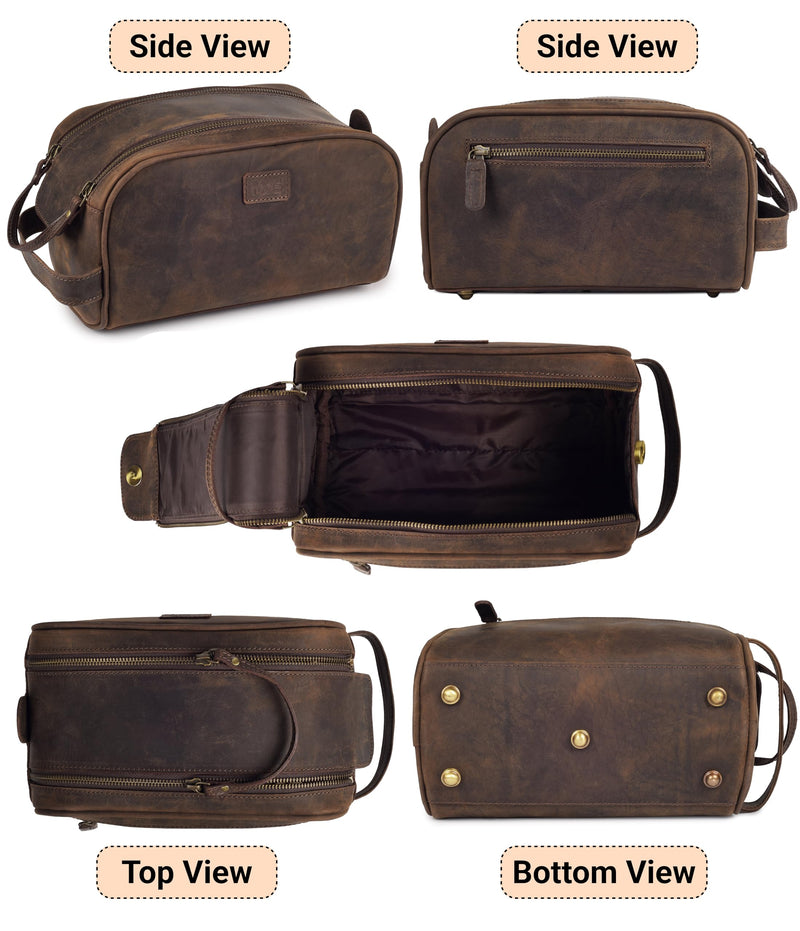 Genuine Leather Toiletry Bag for Men - Rustic Classic Vintage Handcrafted Full-Grain Leather Travel Dopp Kit with Waterproof Lining & Handle, Shaving & Grooming Kit Organizer Pouch - Rustic Brown
