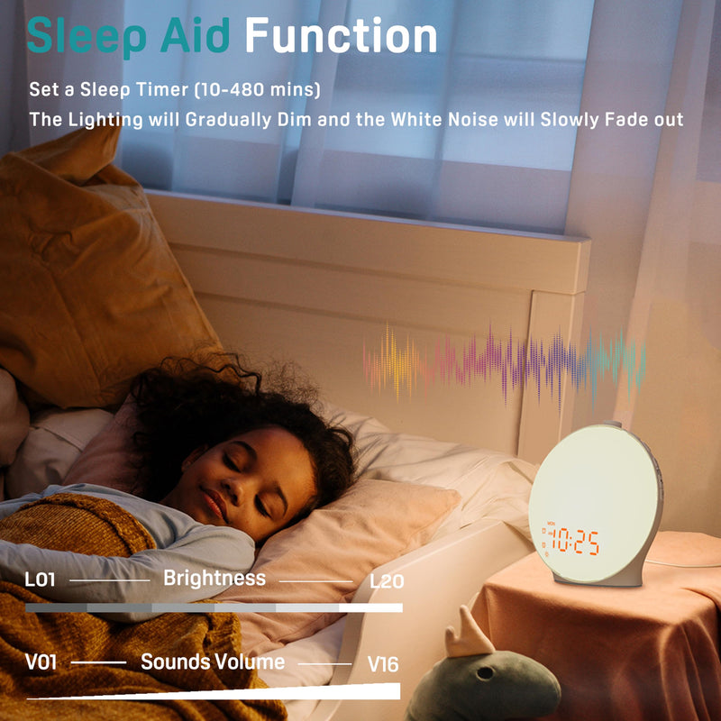 [Australia] - Sunrise Alarm Clock White Noise Sound Machine with 25 Soothing Sounds, 17 NightLights, Bluetooth Speaker Wake Up Light Alarm Clock for Bedrooms, Heavy Sleepers, Baby, Kids, Adults, Seniors, Ideal Gift 