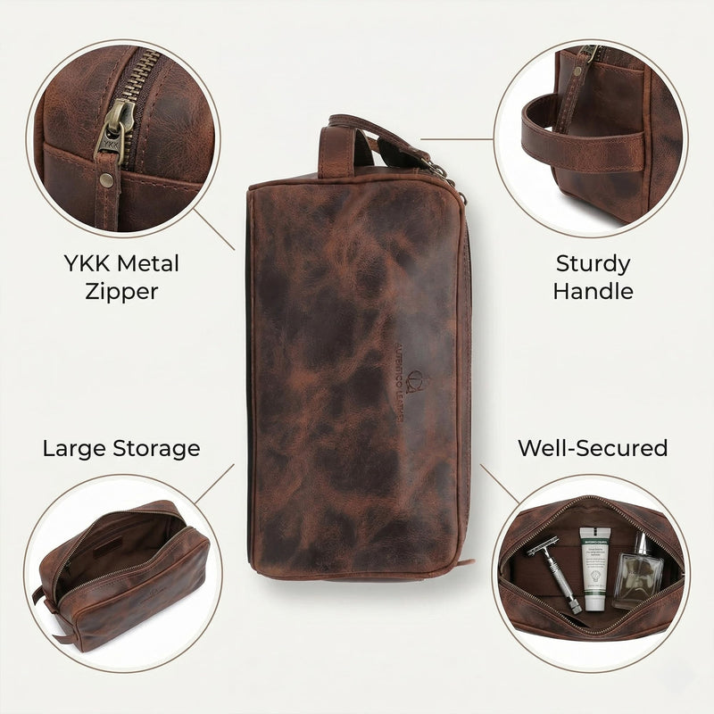 Toiletry Bag for Men – Genuine Leather Dopp Kit, Travel Organizer for Grooming Essentials, Large Shaving Kit Pouch, Durable Dark Brown Gift for Men