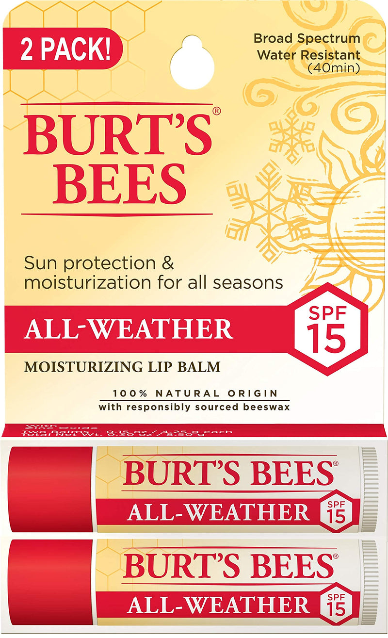 Burt's Bees All Weather SPF 15 Lip Balm, Water-Resistant Lip Moisturizer, Tint-Free, Natural Conditioning Lip Treatment, 2 Tubes, 0.15 oz.