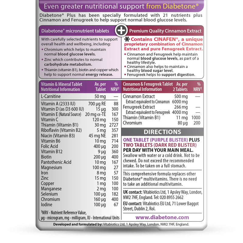 Diabetone Plus with CINAFEN complex: Cinnamon, Fenugreek and Chromium and 21 micronutrients for improved Blood Sugar Level and Diabetes Management, by Vitabiotics 56 Tablets 28-Day Supply Diabetone Plus