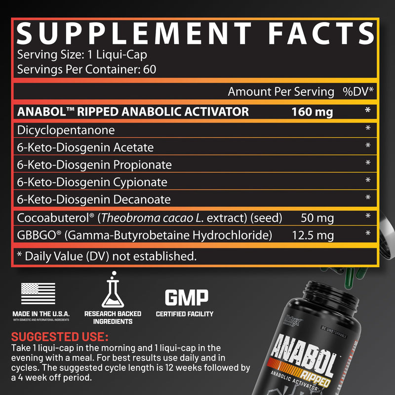 [Australia] - Nutrex Research Anabol Ripped Anabolic Muscle Builder for Men, 2-in-1 Muscle Builder and Shredding Supplement, (60 Count) 60 Count (Pack of 1) 