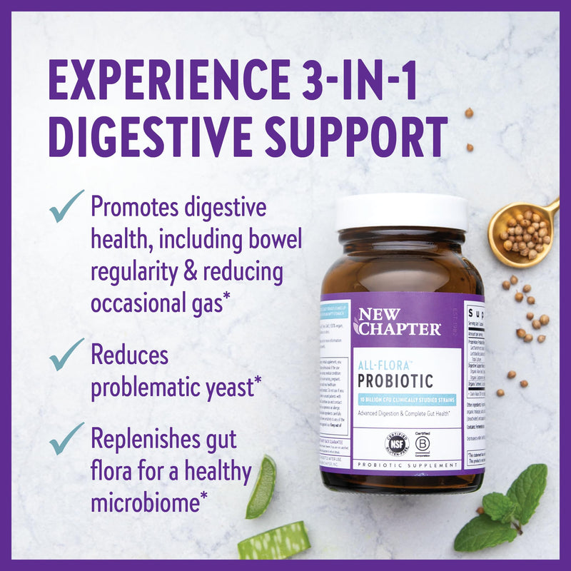 [Australia] - New Chapter Probiotic All-Flora - 60 ct (2 Month Supply) for Advanced Digestion & Complete Gut Health with Prebiotics + Postbiotics, Clinically Studied Strains, 100% Vegan, Non-GMO, Shelf Stable Unflavored 60 Count (Pack of 1) 