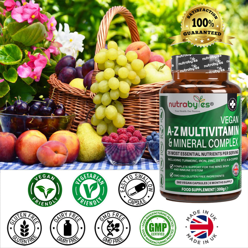 Nutrabytes Vegan A-Z Multivitamin & Mineral Complex, 360 Capsules | 26 Essential Vitamins & Minerals Plant Based Supplement with Turmeric, Iron, Folic Acid and Zinc | 6 Months | UK Made