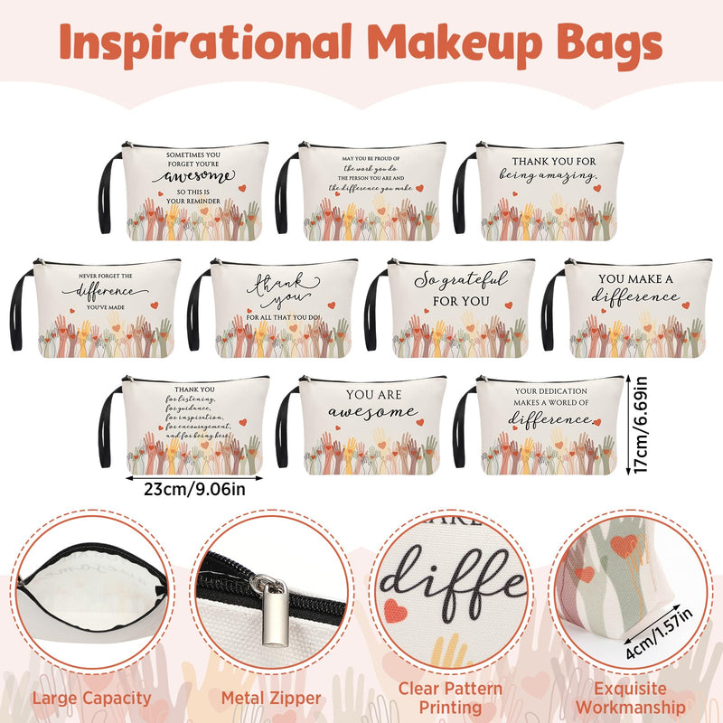 30 Pcs Appreciation Gifts Bulk for Women Teacher 10 Styles Inspirational Canvas Makeup Bags Thank You Cosmetic Bags for Women Coworker Employee Staff 30