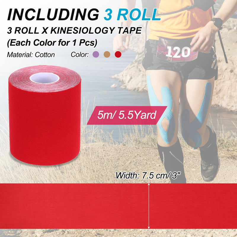 [Australia] - PATIKIL 5.5 Yard x 3 Inch Kinesiology Tape, 3 Roll Adhesive Cotton Sports Muscle Support Tapes Waterproof Elastic Tape for Knee Ankle Wrist Shoulder, Purple/Red/Brown 