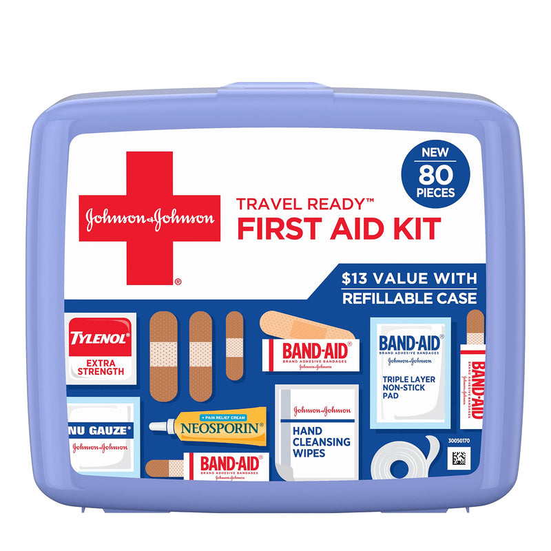 Johnson & Johnson Travel Ready Portable Emergency First Aid Kit for Minor Wound Care with Assorted Adhesive Bandages, Gauze Pads & More, Ideal for Travel, Car & On-The-Go, 80 pc 80 Count