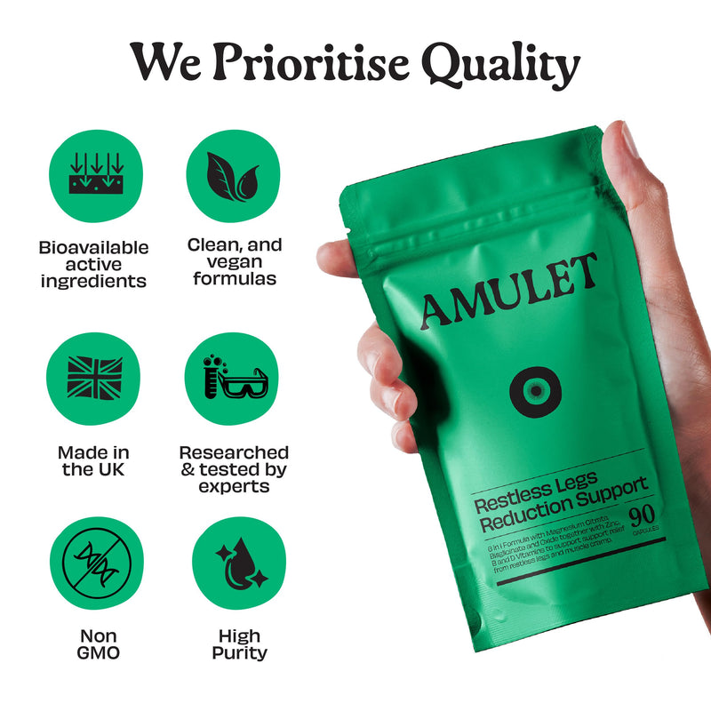 Amulet Restless Legs Relief Supplement – 1400mg Magnesium Complex with Zinc, B12 & B6 – Support for Night Leg Cramps & Restless Leg Syndrome – 90 Vegan Capsules