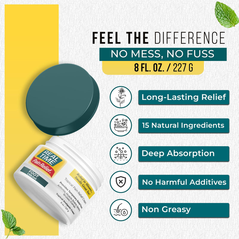 Real Time Pain Relief Foot Cream 8oz Jar | 15 Natural Ingredients: 1.5% Menthol, Tea Tree Oil, Vitamin E & Emu Oil | Advanced Neuropathy Relief & Soothing Lotion for Tired, Swollen, Sore & Aching Feet 8 Ounce (Pack of 1)