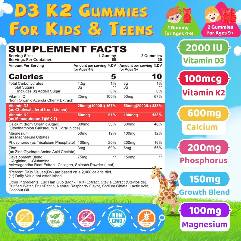 Kids & Teens Vitamin D3 K2 Gummies + Calcium, Magnesium, Zinc, Phosphorus C | Kids D3 & K2 Supplement + Multivitamin for Bone Health, Calcium Absorption, Focus & Immunity, Non GMO, Sugar Free, 60 Cts 60 Count (Pack of 1)