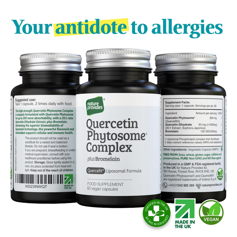 Nature Provides Quercetin Phytosome (Quercefit) Complex with Bromelain - 60 Vegan Capsules - 350mg High Strength Quercetin Supplement - Up to 20X Absorption - Pure, Non-GMO, UK Made