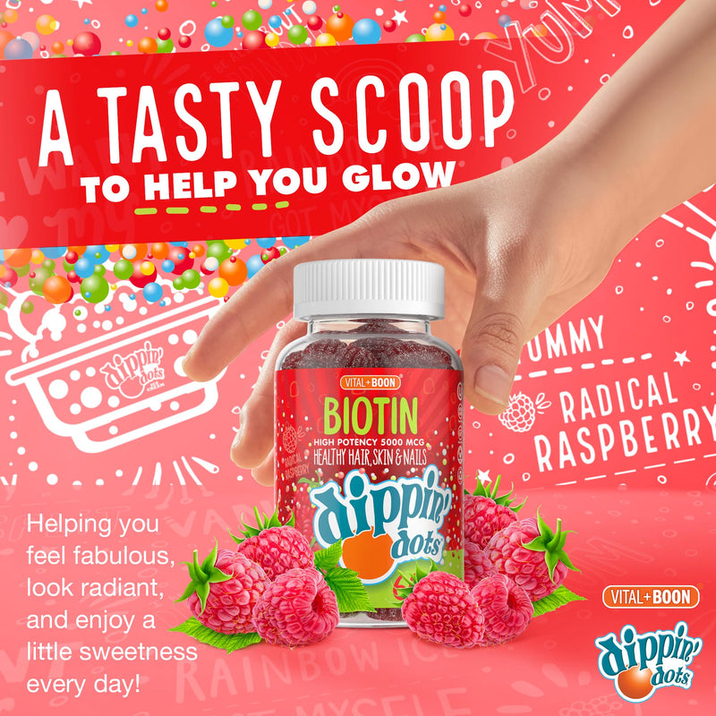 Vital+Boon - Extra Strength Biotin 5000mcg (60 Gummies) Healthy Hair, Skin & Nails | High Potency Biotin in Delicious Very Berry Raspberry Natural Fruit Pectin Chews | Vegan, Non-GMO Gluten Free | Raspberry biotin gummies support hair growth, hair vita...