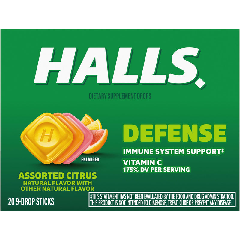 HALLS Defense Assorted Citrus Vitamin C Dietary Supplement Drops, 180 ct | Throat Drops, 20 Sticks of 9 180 Ounce (Pack of 1)