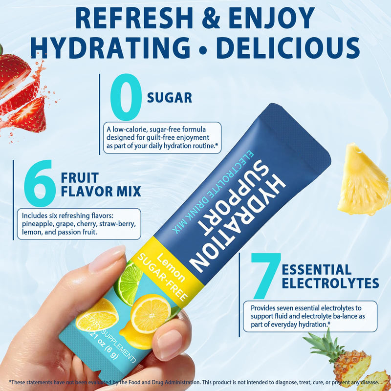 Hydration Powder 24 Sticks, 6 Mixed Fruit Flavours | 7 Key Electrolytes + 5 Vitamins, Zero Sugar, Low Calorie, Rapid Hydration & Energy