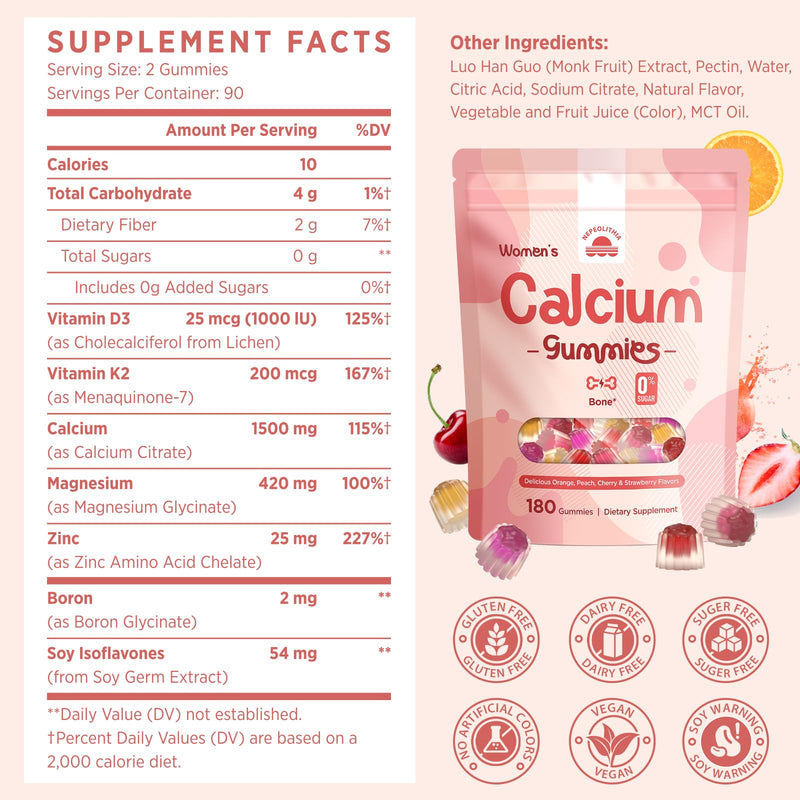 Calcium Gummies for Women with Vitamin D3, K2, Magnesium, Zinc – 180 Count | 1500mg Calcium Citrate with Boron & Soy Isoflavones – Calcium Supplement, Vegan, Zero Sugar, Mixed Fruit Flavors 180 Count (Pack of 1)